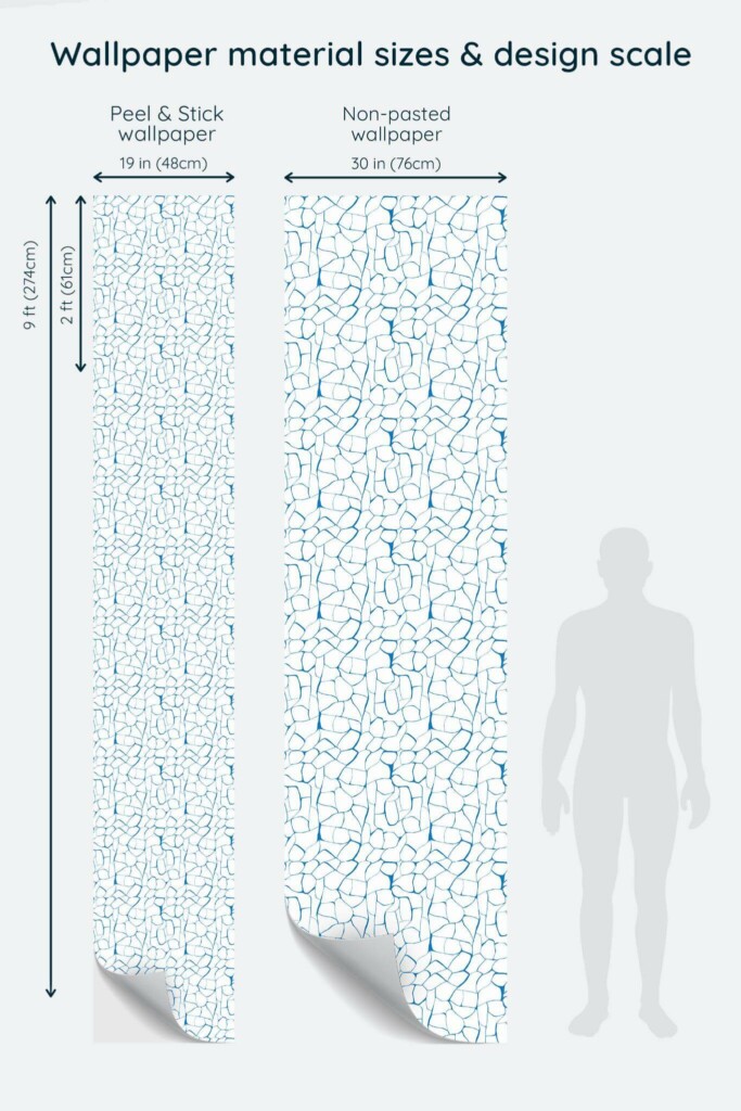 Size comparison of Blue and white abstract Peel & Stick and Non-pasted wallpapers with design scale relative to human figure