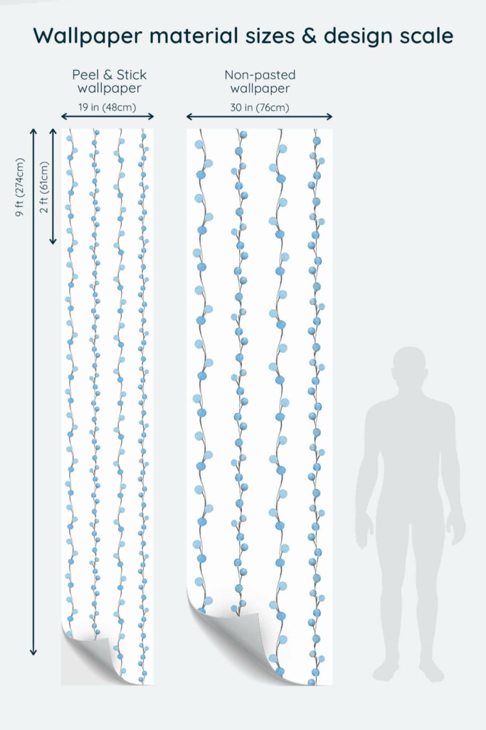 Size comparison of Blue and white blueberry Peel & Stick and Non-pasted wallpapers with design scale relative to human figure