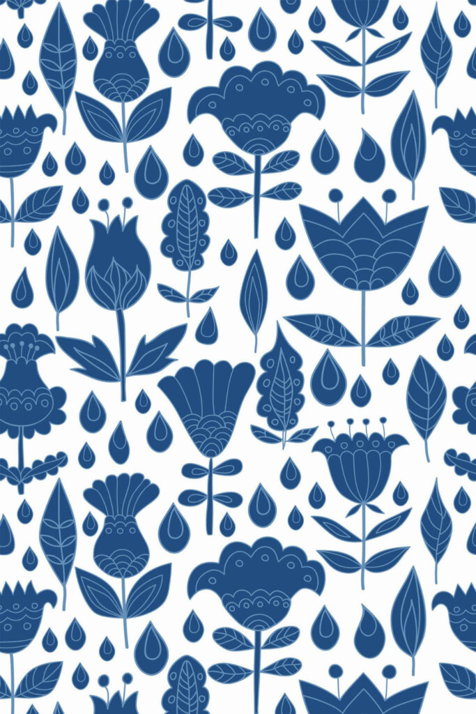 Pattern repeat of Blue and white boho floral removable wallpaper design