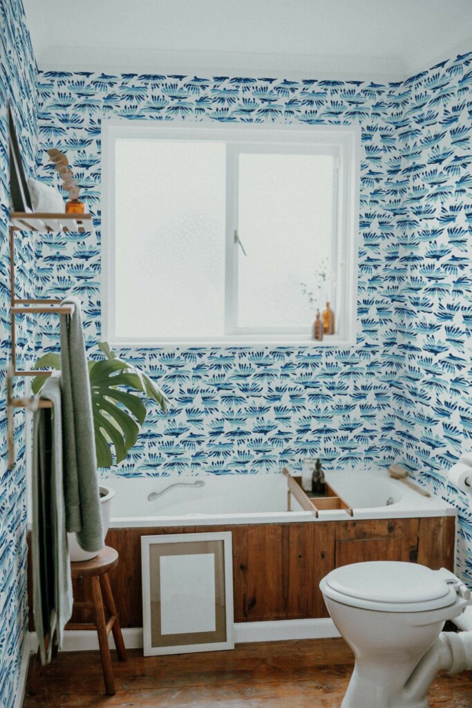 Boho farmhouse style bathroom decorated with Blue and white coral peel and stick wallpaper