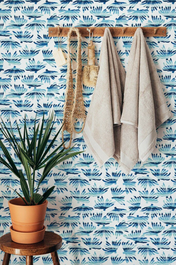 Boho style bathroom decorated with Blue and white coral peel and stick wallpaper