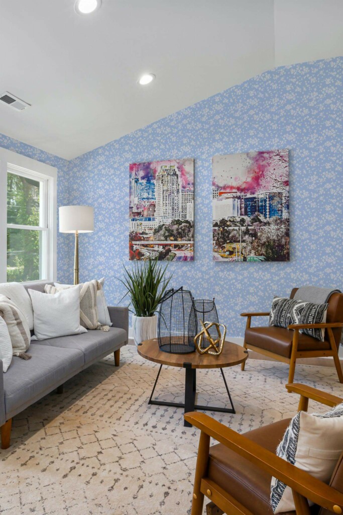 Mid-century modern style living room decorated with Blue and white daisy peel and stick wallpaper and colorful funky artwork
