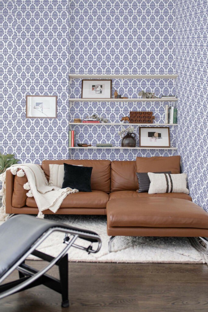 Mid-century modern style dining room decorated with Blue and white damask peel and stick wallpaper