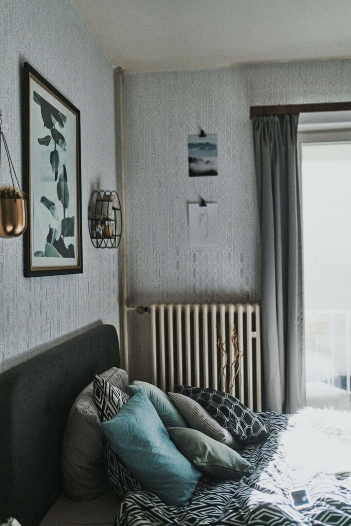 Dark scandinavian style bedroom decorated with Blue and white delicate retro peel and stick wallpaper