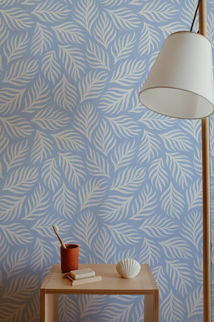 Minimal style bathroom decorated with Blue and white dreamy leaf peel and stick wallpaper