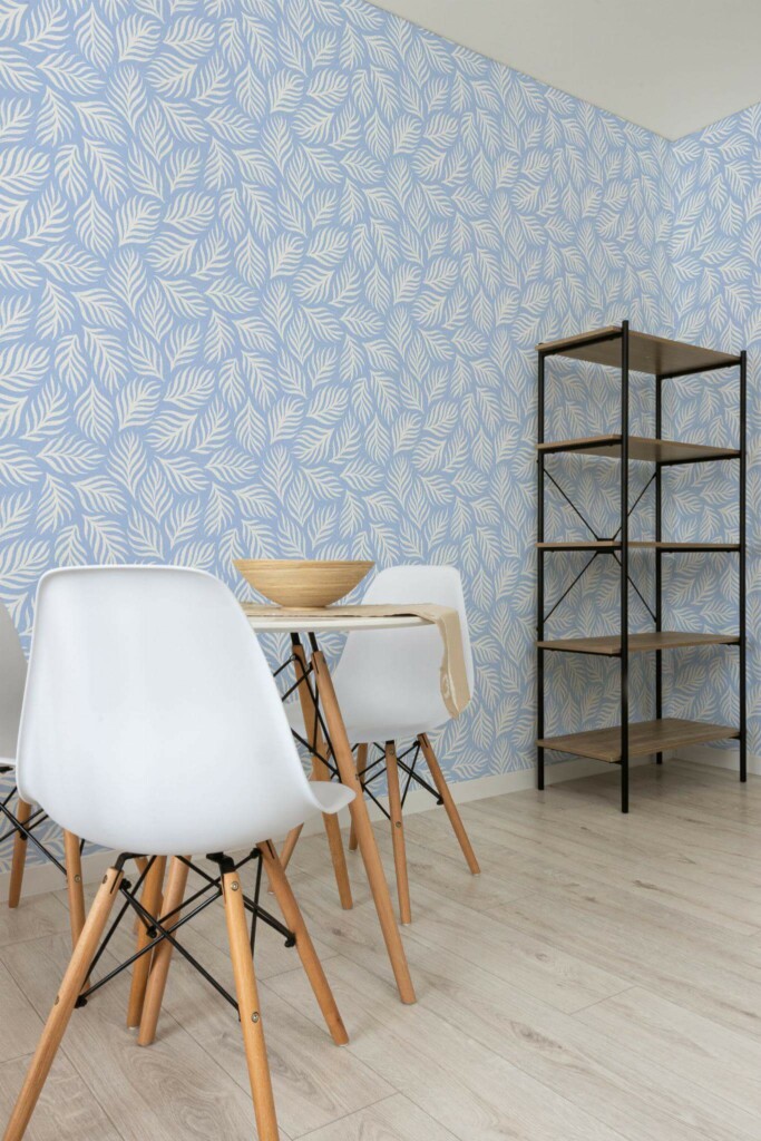 Minimalist style dining room decorated with Blue and white dreamy leaf peel and stick wallpaper