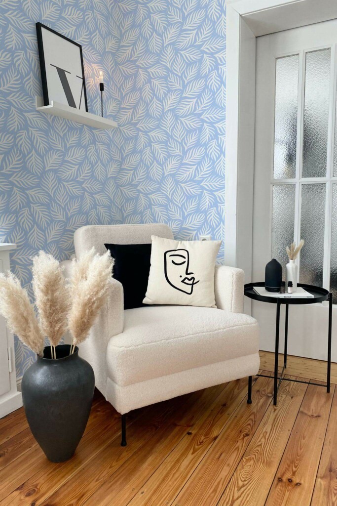Modern boho style living room decorated with Blue and white dreamy leaf peel and stick wallpaper