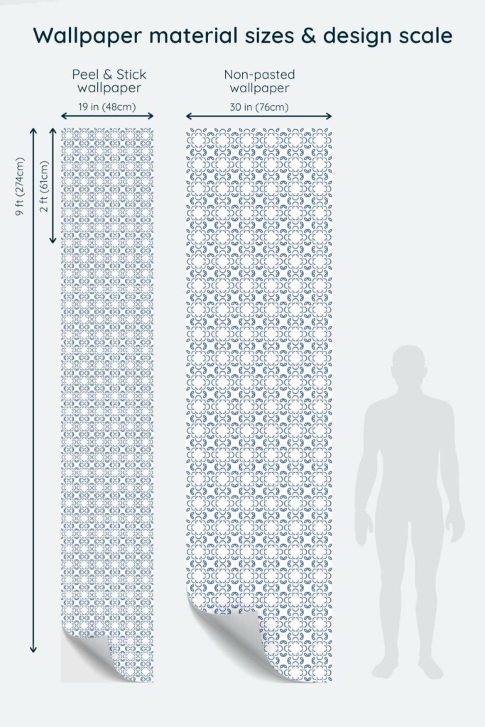 Size comparison of Blue and white geometric floral Peel & Stick and Non-pasted wallpapers with design scale relative to human figure