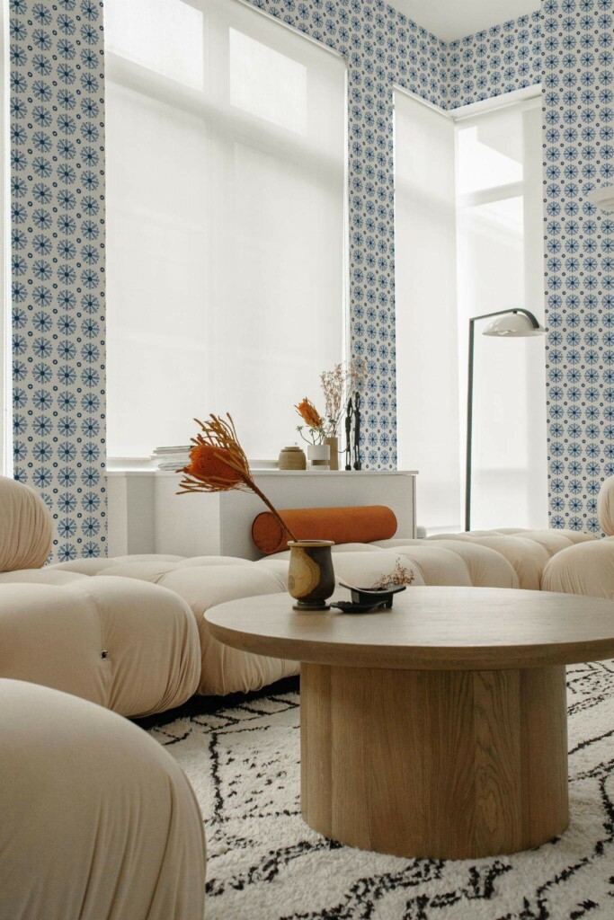 Contemporary style living room decorated with Blue and white geometric peel and stick wallpaper