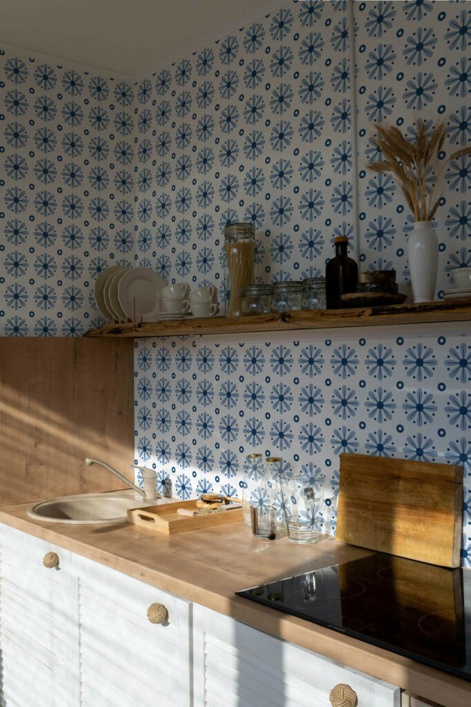 Minimal bohemian style kitchen decorated with Blue and white geometric peel and stick wallpaper
