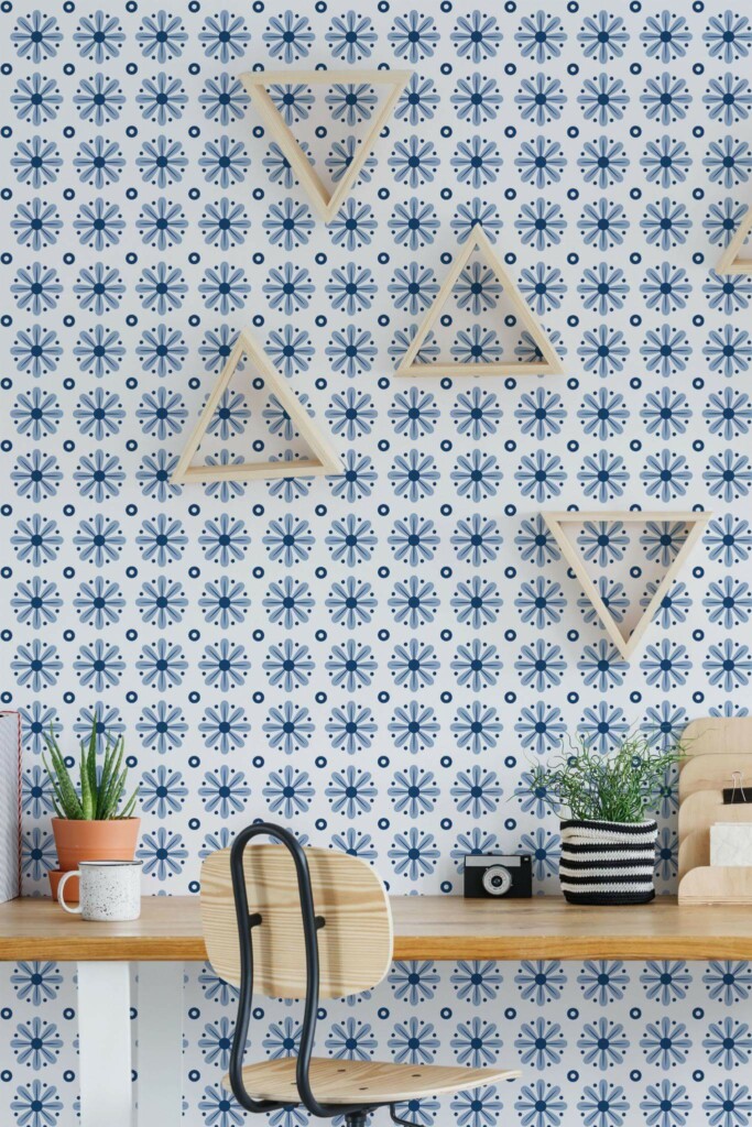 Scandinavian style home office decorated with Blue and white geometric peel and stick wallpaper