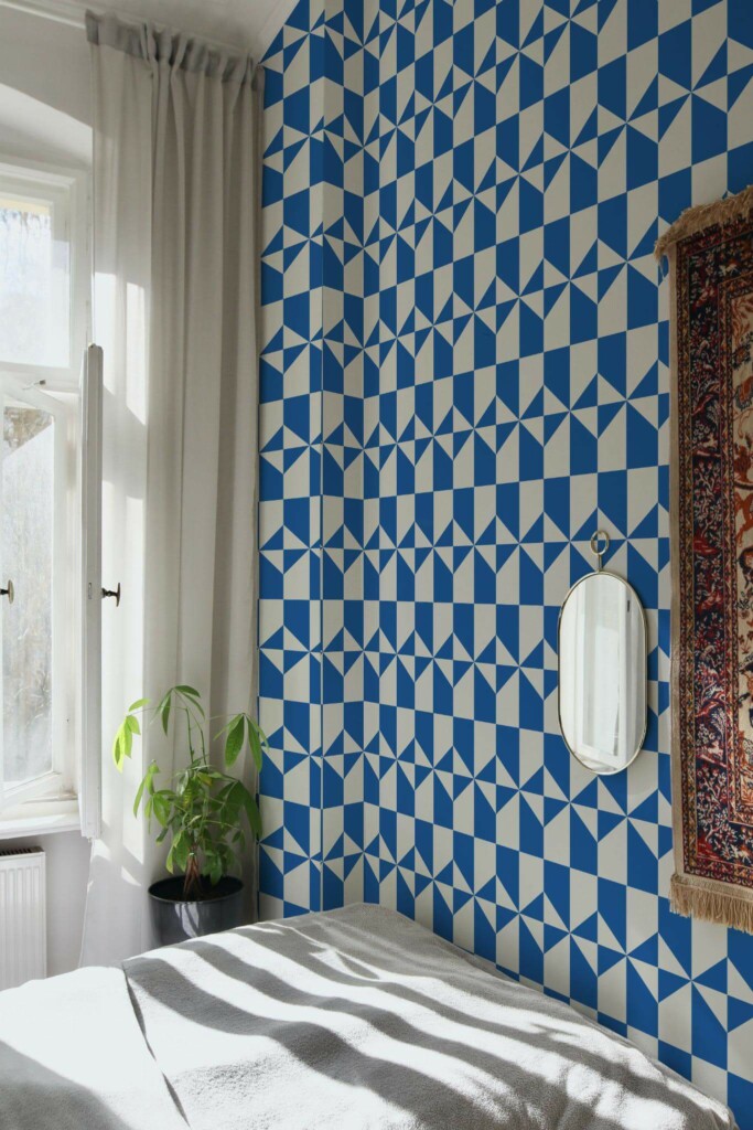 Bohemian style bedroom decorated with Blue and white geometry peel and stick wallpaper