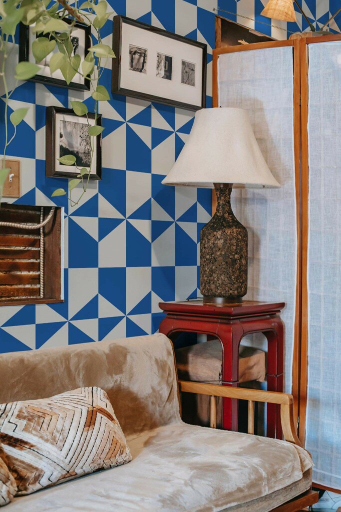 Southwestern style living room decorated with Blue and white geometry peel and stick wallpaper
