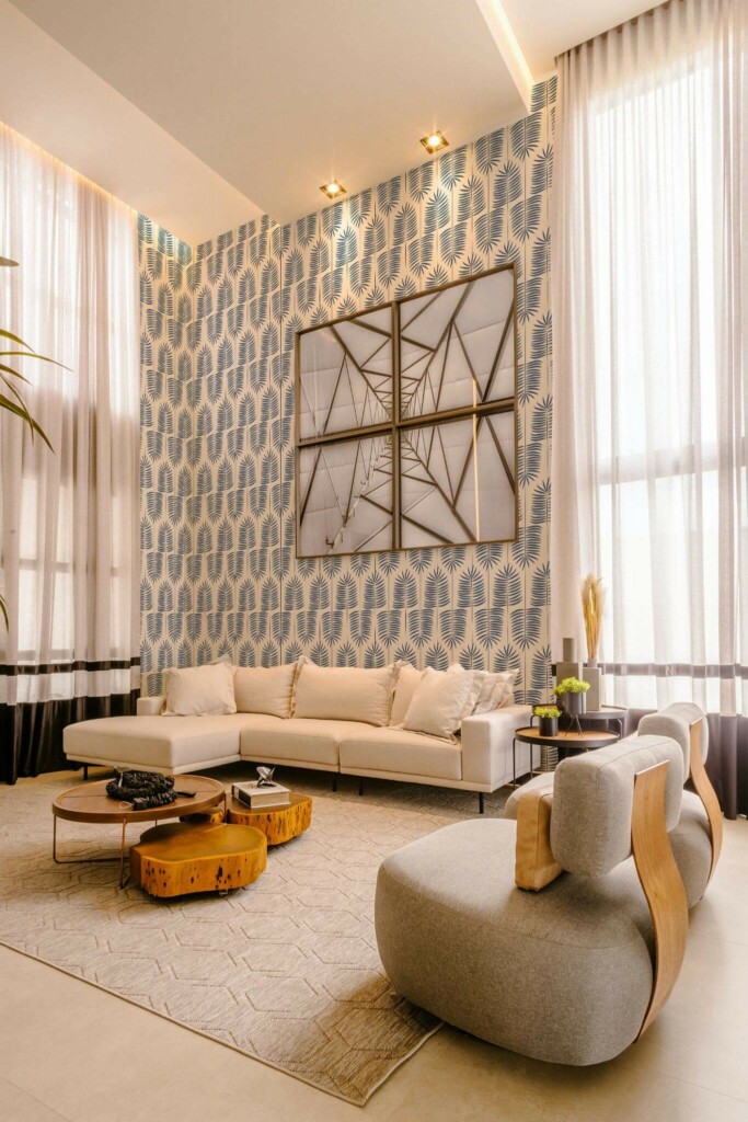 Contemporary style living room decorated with Blue and white leaf peel and stick wallpaper