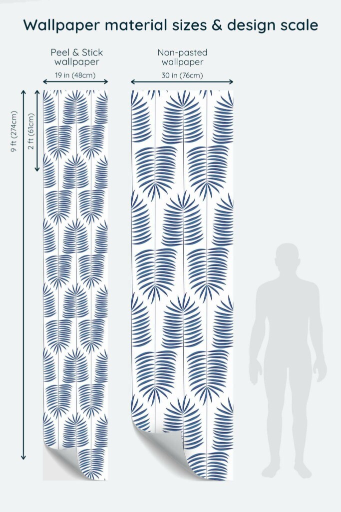 Size comparison of Blue and white leaf Peel & Stick and Non-pasted wallpapers with design scale relative to human figure