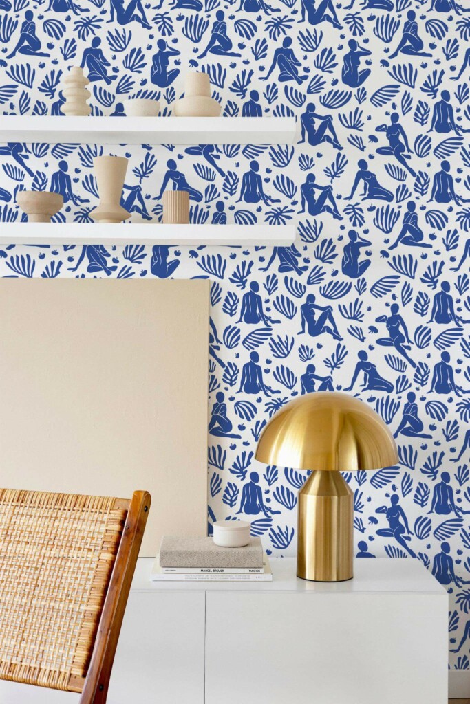 Modern style dining room decorated with Blue and white Matisse peel and stick wallpaper