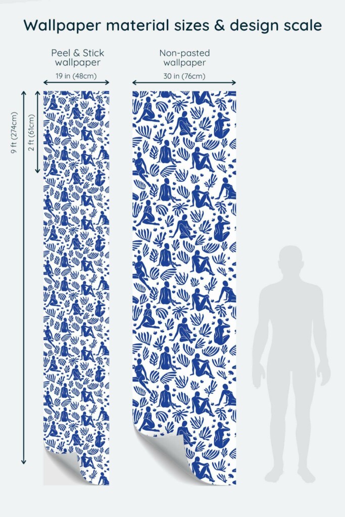Size comparison of Blue and white Matisse Peel & Stick and Non-pasted wallpapers with design scale relative to human figure
