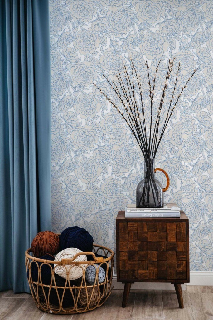 Coastal style living room decorated with Blue and white peony peel and stick wallpaper