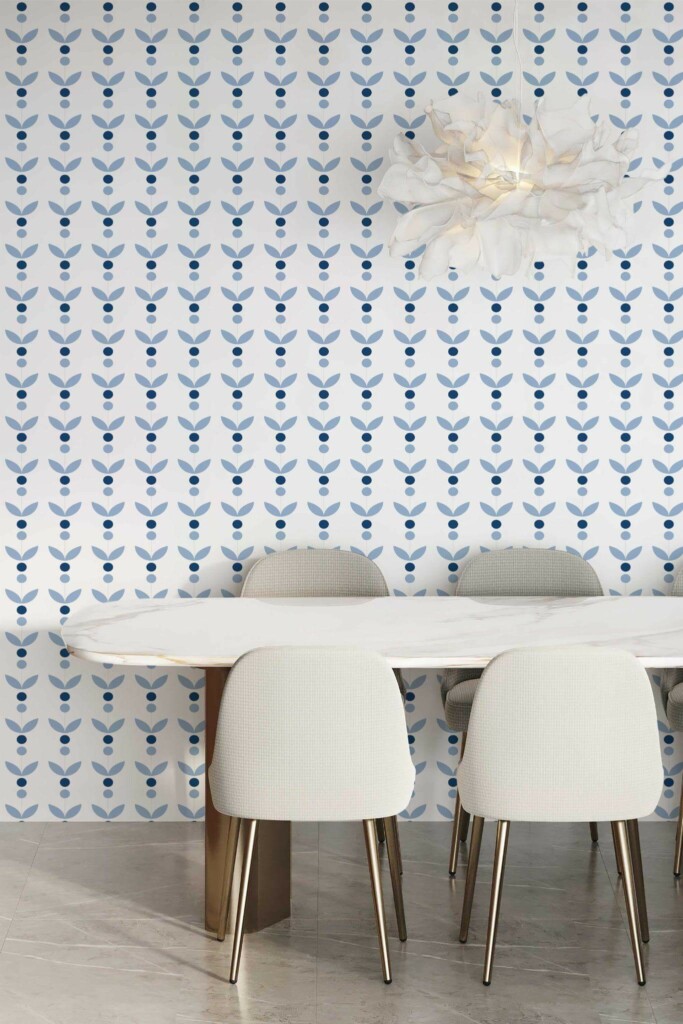 Minimal modern style dining room decorated with Blue and white scandinavian peel and stick wallpaper