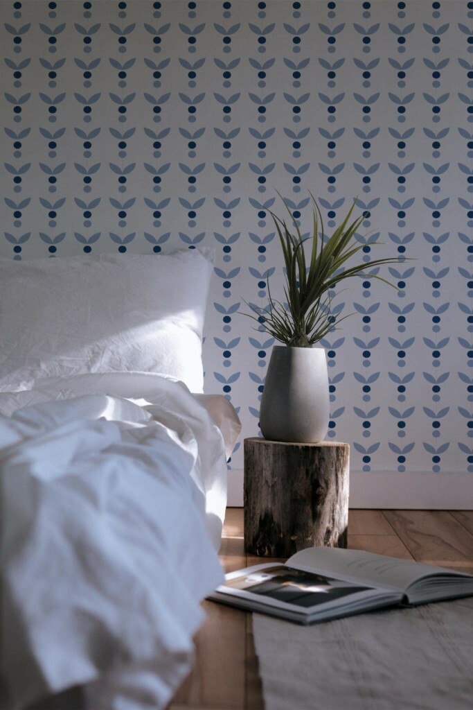 Minimal scandinavian style bedroom decorated with Blue and white scandinavian peel and stick wallpaper