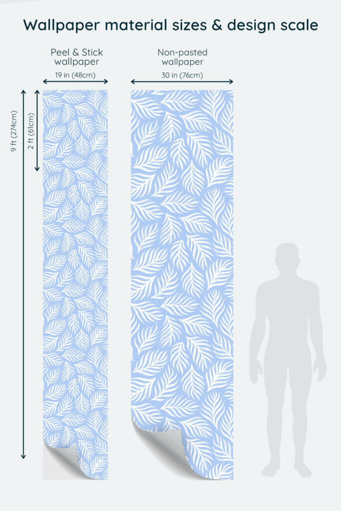 Size comparison of Blue and white seamless leaf Peel & Stick and Non-pasted wallpapers with design scale relative to human figure