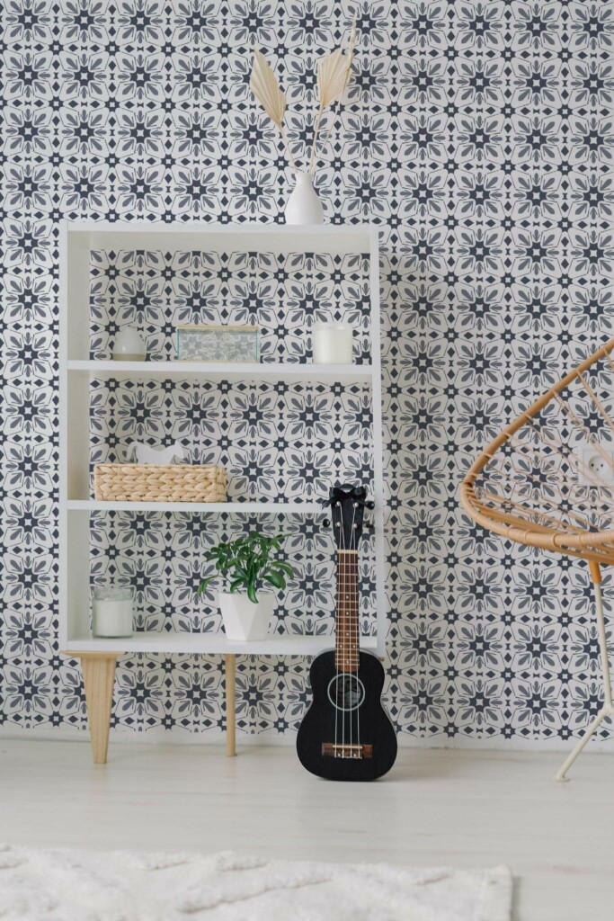 Minimal boho style living room decorated with Blue and white star tile peel and stick wallpaper