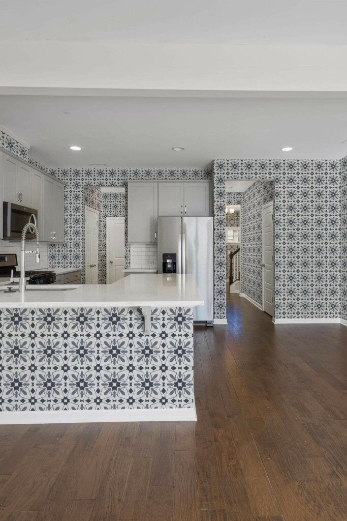 Minimal scandinavian style kitchen decorated with Blue and white star tile peel and stick wallpaper