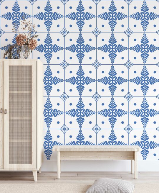 blue and white tiles non-pasted wallpaper