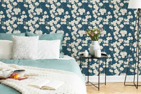 blossoms blue and white traditional wallpaper