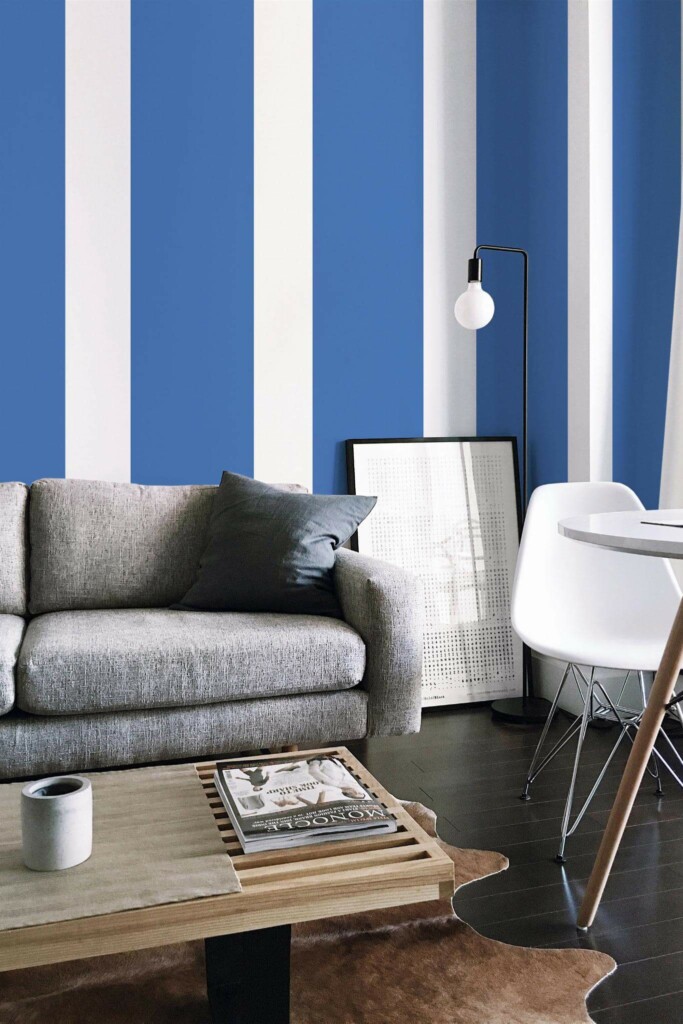 Industrial scandinavian style living room decorated with Blue and white stripes peel and stick wallpaper