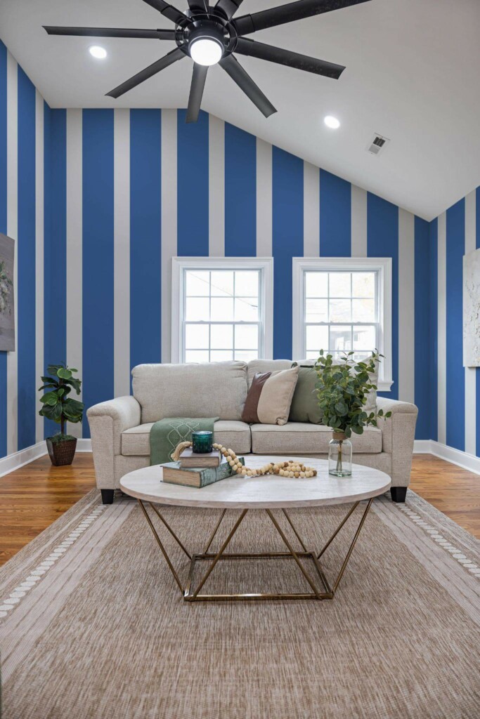 Scandinavian style living room decorated with Blue and white stripes peel and stick wallpaper