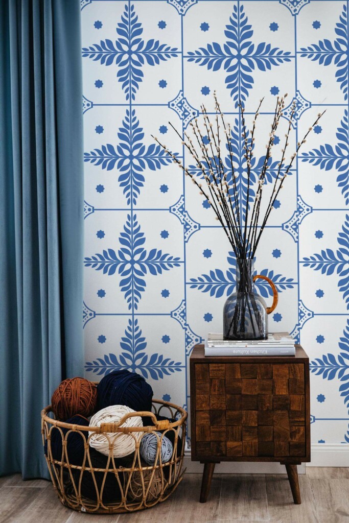 Coastal style living room decorated with Blue and white tiles peel and stick wallpaper