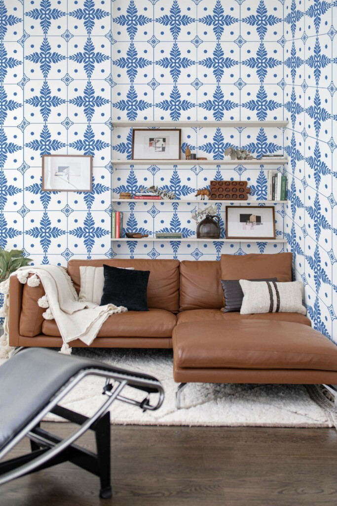 Mid-century modern style dining room decorated with Blue and white tiles peel and stick wallpaper