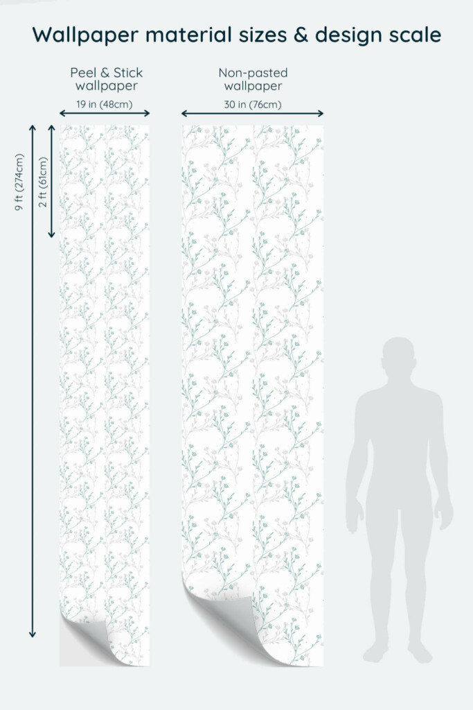 Size comparison of Blue and white wildflower Peel & Stick and Non-pasted wallpapers with design scale relative to human figure