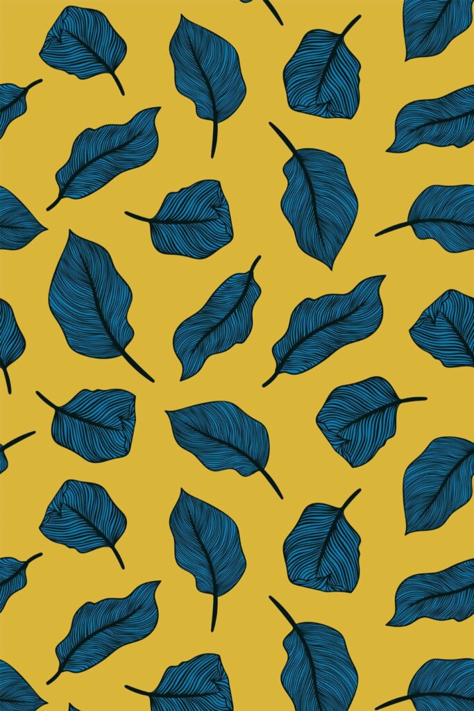 Pattern repeat of Blue and yellow aesthetic leaf removable wallpaper design