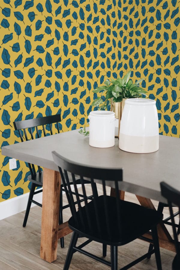 Blue and yellow aesthetic leaf peel and stick removable wallpaper
