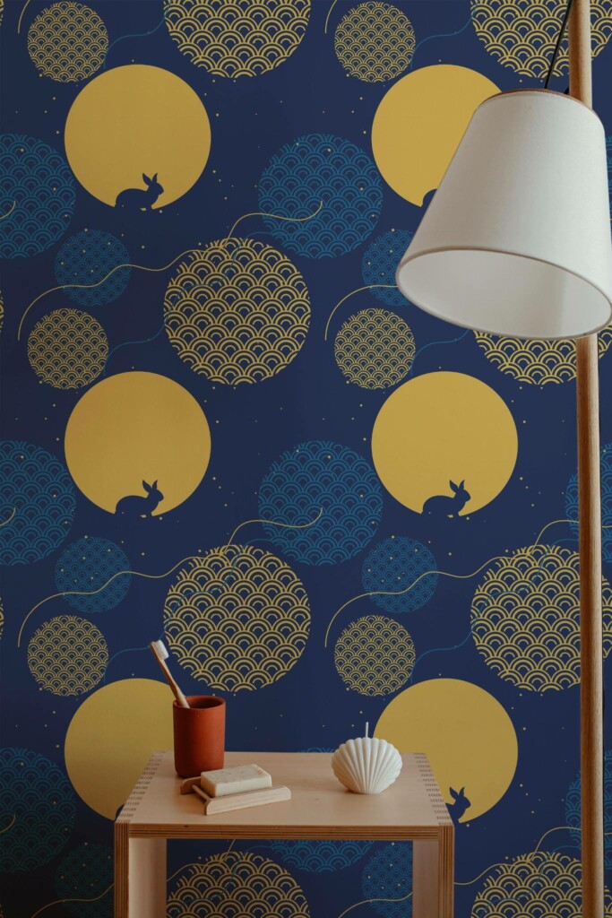 Minimal style bathroom decorated with Blue and yellow chinoiserie peel and stick wallpaper