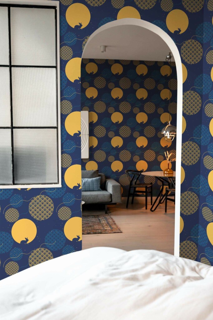 Modern scandinavian style living room decorated with Blue and yellow chinoiserie peel and stick wallpaper
