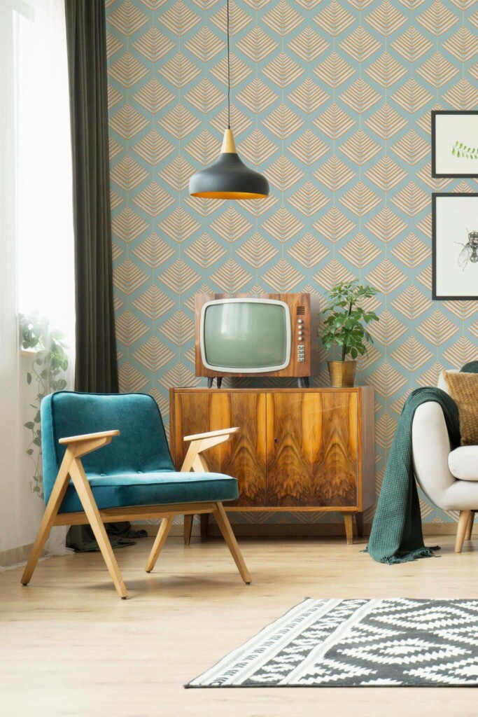 Mid-century modern style living room decorated with Blue and yellow leaf peel and stick wallpaper