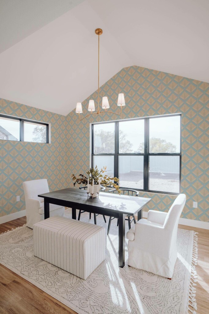 Elegant minimal style dining room decorated with Blue and yellow leaf peel and stick wallpaper