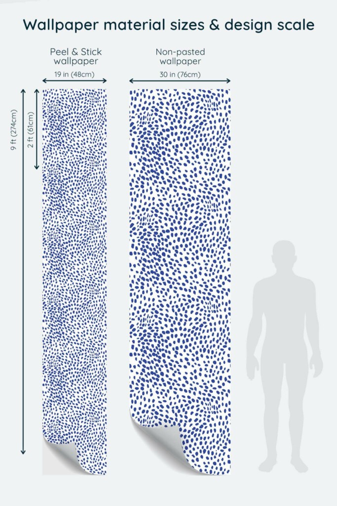 Size comparison of Blue animal print Peel & Stick and Non-pasted wallpapers with design scale relative to human figure