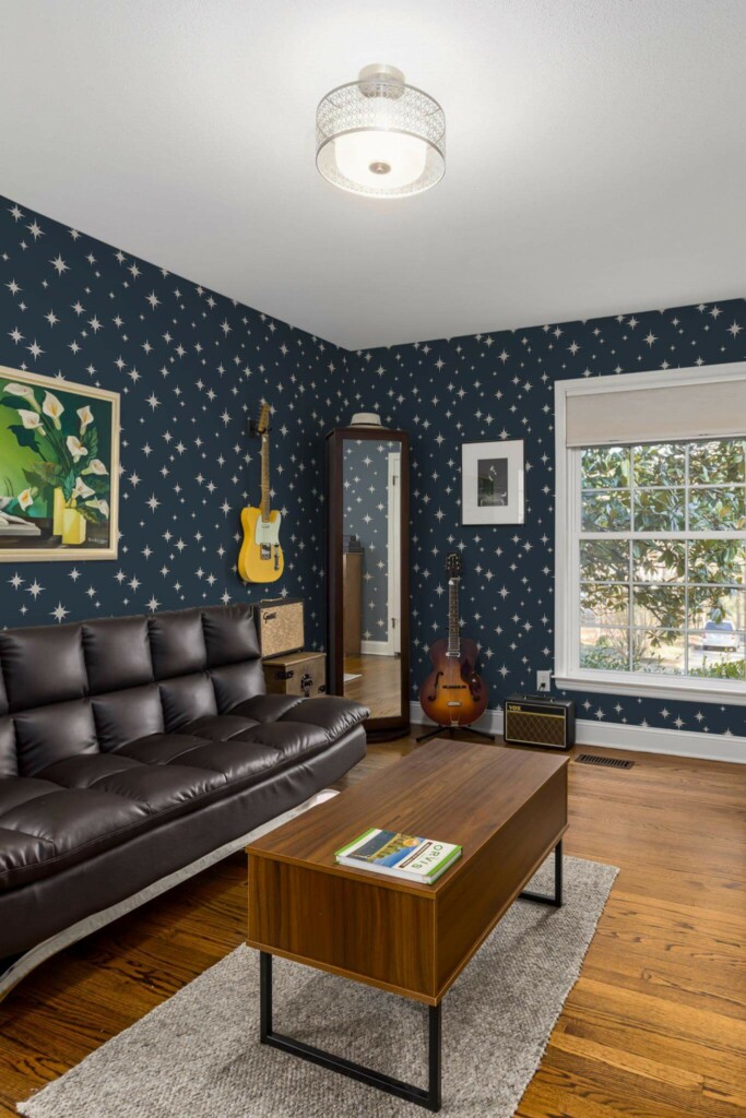 Mid-century style living room decorated with Blue bathroom peel and stick wallpaper and music instruments