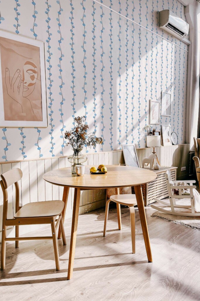 Modern boho style dining living room decorated with Blue berry peel and stick wallpaper