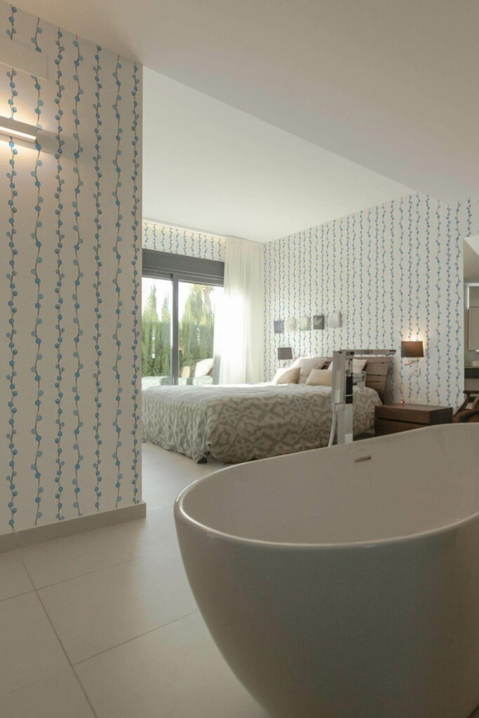Modern style bedroom with open bathroom decorated with Blue berry peel and stick wallpaper