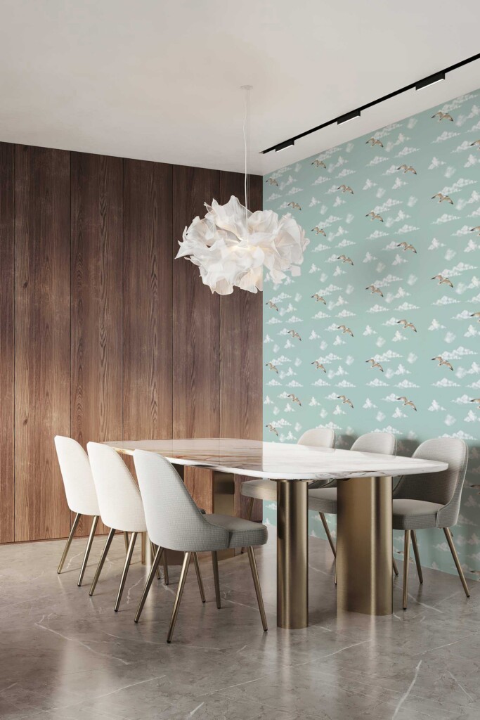 Blue removable wallpaper with aesthetic bird pattern by Fancy Walls