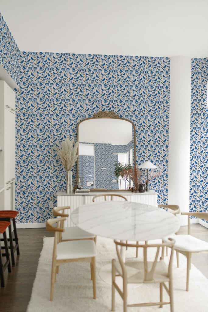 Traditional wallpaper with blue bird pattern for kitchen walls from Fancy Walls