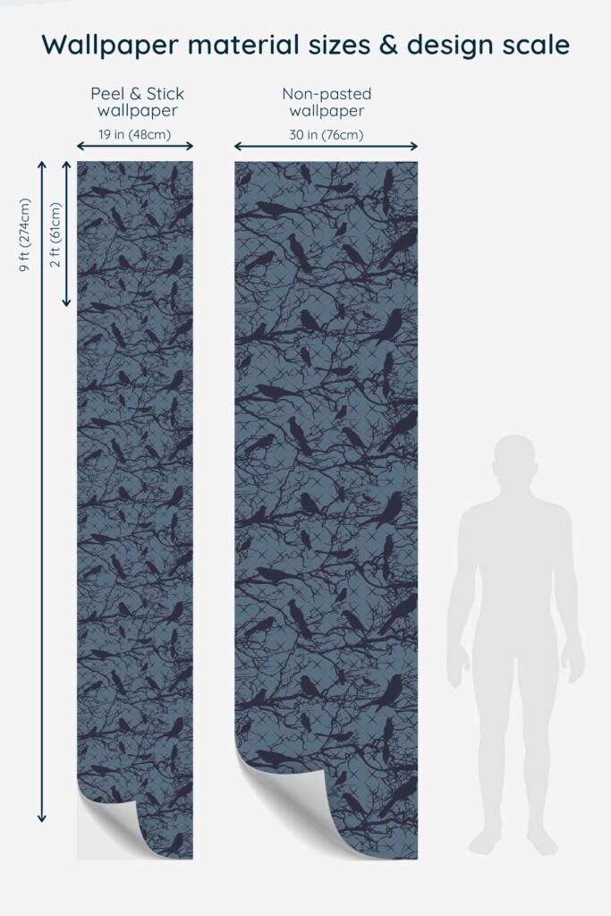 Fancy Walls peel and stick wallpaper with black ravens and twisted branches on a blue background