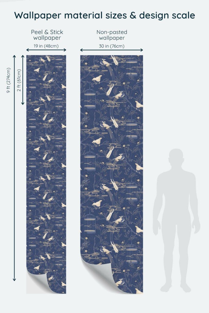 Size comparison of Blue bird Peel & Stick and Non-pasted wallpapers with design scale relative to human figure