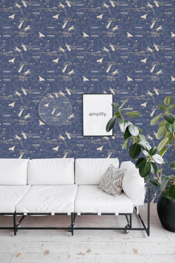 Minimal industrial style living room decorated with Blue birds peel and stick wallpaper