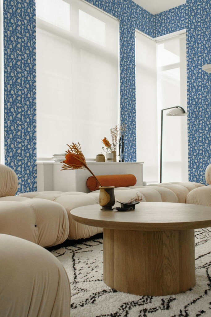 Contemporary style living room decorated with Blue body shape peel and stick wallpaper